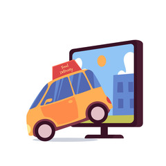 Car with food delivery sign coming out of computer monitor screen cartoon style