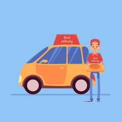 Smiling delivery man stands holding pizza box near car cartoon style