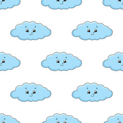 Happy cloud. Colored seamless pattern with cute cartoon character. Simple flat vector illustration isolated on white background. Design wallpaper, fabric, wrapping paper, covers, websites.