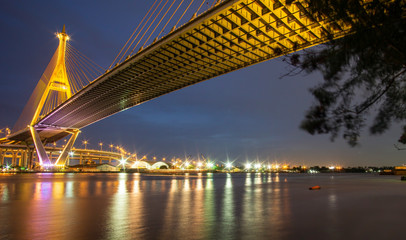 Bhumibol Bridge, Chao Phraya River Bridge. Turn on the lights in many colors at night.