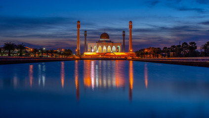 Beautiful Central Mosque in sunset sky and reflection, Songkhla province, Southern of Thailand.