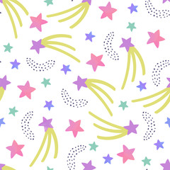 Seamless abstract pattern with colorful pink,violet and green stars on white background.
