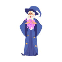 Old wizard man in robe and hat stands making magic in his hands cartoon style