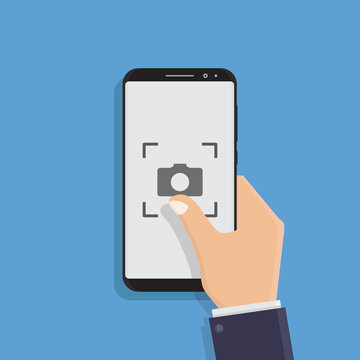 Hand Holding Smart Phone, Take Pictures, Flat Design Vector Illustration