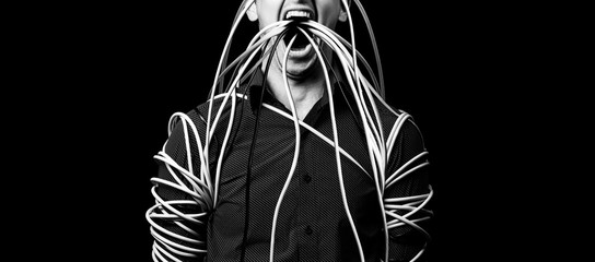 a man in a shirt wrapped the wires, the wires go out of his mouth