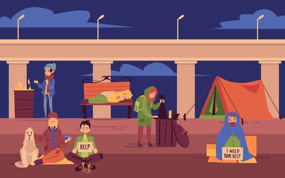 Young Homeless People Spending Night Outdoors Under Bridge Cartoon Style