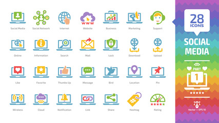 Social media network color icon set part 1 with global internet website, digital business and marketing technology, message, share, like & favorite, thumbs up, location, pin glyph pictogram.