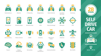 Self drive car icon set with driverless autonomous sensor smart vehicle and cloud computing automated connected transport and navigation system color glyph mobility sign.