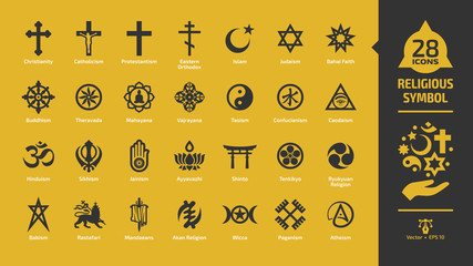 Religious symbol icon set on a yellow background with christian cross, islam crescent and star, judaism star of david, buddhism wheel of dharma, rastafari lion religion glyph sign.