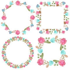 set of hand-drawn watercolor frames of stylized flowers