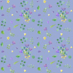 seamless pattern with cute watercolor illustration of stylized flowers.