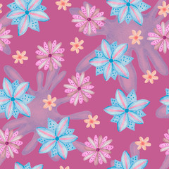 Fototapeta na wymiar Hand drawn blue and pink flowers - floral seamless pattern on pink background with blots