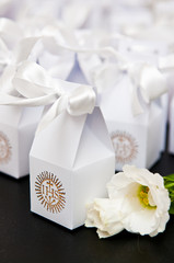 First holy communion boxes with thank you notes for guests.