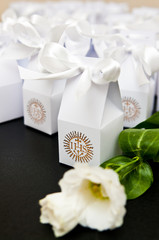 First holy communion boxes with thank you notes for guests.