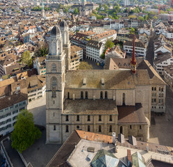 Fototapeta premium Aerial view of the Grossmunster cathedral in Zurich