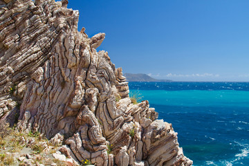 Folded limestone on Crete, Greece, in the background the Lybian sea
