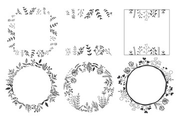 Hand Drawn Set of Floral Frames. Square and Round Frames with herbs and leafs