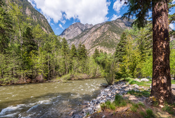 Majestic mountain river in Vancouver, Canada. View with mountain background.