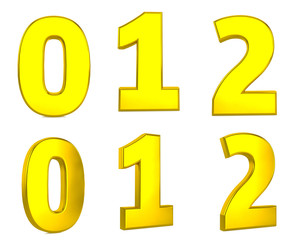  Gold letters 0, 1, 2,  isolated on white background. Alphabet golden 3d Render (front and perspective) Path save.