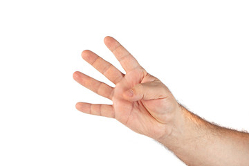 image of hand showing four fingers gesture on white background