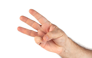 image of hand showing three fingers gesture on white background