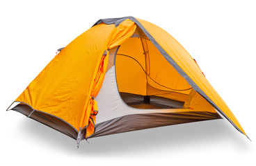 Orange tourist tent with open canopy - obrazy, fototapety, plakaty