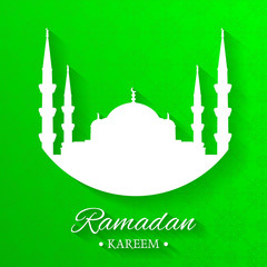 Mosque silhouette and written ramadan kareem with green background, islamic pattern, vector