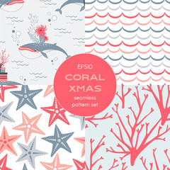 Underwater Coral Merry Christmas concept seamless vector pattern set in decorative Scandinavian style. Fancy Big Whale transporting gift boxes and corals on his back holiday print. Flat vector simple