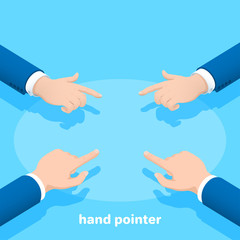 isometric vector image on a blue background, hands of a man in a business suit with the index finger stretched forward, hand pointer