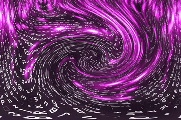 Pink matrix digital background. Distorted cyberspace concept. Characters fall down in wormhole. Hacked matrix. Virtual reality design. Complex algorithm data hacking. Pink digital sparks.