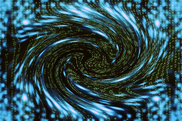 Blue green matrix digital background. Distorted cyberspace concept. Green characters fall down in wormhole. Hacked matrix. Virtual reality design. Complex algorithm data hacking. Cyan digital sparks. © Daniil