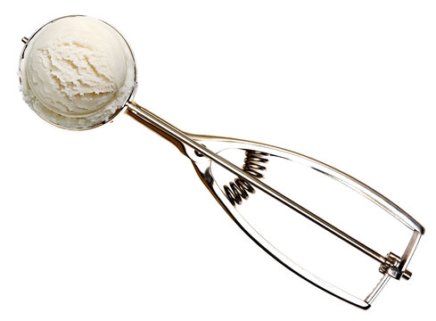 Ice cream scoop or scooper with vanilla ice cream isolated on white background