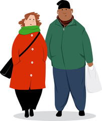 Middle aged biracial couple in winter clothes standing, isolated on white, EPS 8 vector illustration
