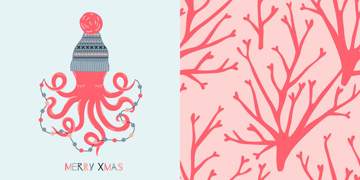 Underwater Coral Merry Christmas concept graphics set in decorative Scandinavian style. Fairy Christmas Octopus in jacquard winter hat with decorative garland vector illustration. Simple flat ocean
