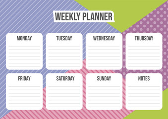 Colorful weekly planner template with abstract geometrical background. Vector