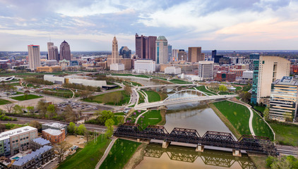 Aerial View over the Columbus Ohio Skyline Featuring Scioto River