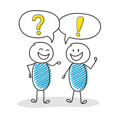 Colorful cartoon stickmen with speech bubbles and business icons. Vector