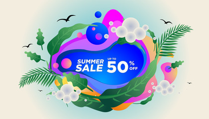 Summer sale banner template. Summer abstract geometric background with palm leaves and clouds. Tropical backdrop. Promo badge for your seasonal design. Vector illustration.