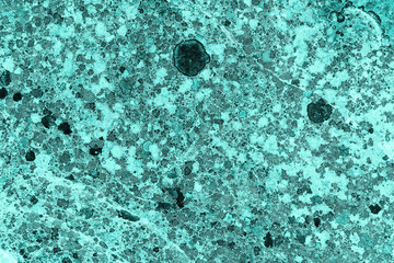 Vintage azure background. Rough painted wall of turquoise color. Imperfect plane of cyan colored. Uneven old decorative toned backdrop of aqzure tint. Texture of teal hue. Ornamental stony surface.