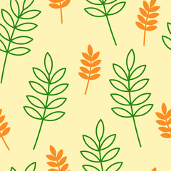 Orange and green leaves vector seamless pattern with yellow background