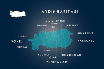 Aydin districts Germencik, incirliova, Kosk, Sultanhisar, Nazilli, Kuyucak, Buharkent, Karacasu, Bozdogan, Cine, Yenipazar, Karpuzlu, Kocarli, Didim, Soke, Kusadasi map, Turkey