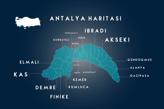 Antalya districts Dosemealti, Korkuteli, Kepez, Serik, İbradi, Akseki, Gundogmus, Alanya, Gazipasa, Konyalalti, Muratpasa, Aksu, Manavgat, Kemer, Kumluca, Finike, Demre, Kas, Elmali map, Turkey
