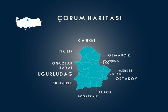 Corum districts iskilip, oguzlar, bayat, ugurludag, sungurlu, bogazkale, alaca, ortakoy, mecitozu, dodurga, lacin, osmancik, kargi map, Turkey