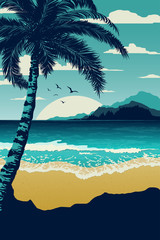 Vintage tropische Landschaft mit Palme. Meereslandschaft mit tropischen Pflanzen. Tourismus und Reisen. Vektor flaches Design