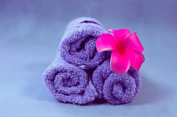 Obraz na płótnie Canvas Spa setting towels with plumeria flower