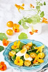 salad with nasturtium leaves and flowers of the plant. bright summer salad with edible yellow flowers and yellow tomatoes with egg, sunflower seeds and seasoned with olive oil. Wild Food Concept