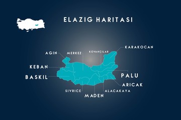 Elazig districts agin, baskil, keban, kovancilar, karakocan, palu, aricak, alacakaya, maden, sivrice map, Turkey