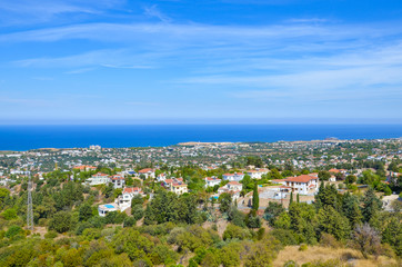 Obraz premium Beautiful countryside in Cypriot Kyrenia region overlooking Mediterranean sea. The amazing place is a popular tourist attraction and summer vacation destination