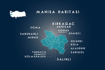Manisa districts  soma, saruhanli, turgutlu, ahmetli, golmarmara, salihli, sarigol, alasehir, kula, selendi, demirci, koprubasi, gordes, akhisar, kirkagac map, Turkey