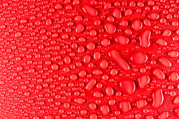Droplets of water on a red, matte background illuminated with a delicate light.